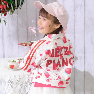 イチゴチェリー柄　袖レースラインジャージ