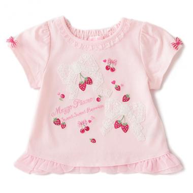 レースリボンイチゴ刺しゅうTシャツ(90 ライト ピンク): キッズ  