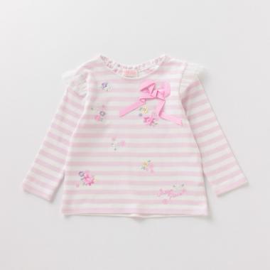 花刺しゅうボーダーフリルTシャツ(90 ライト ピンク): キッズ