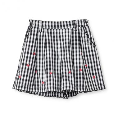 【人気商品再入荷】【直営店で取り扱い無し】デニム・ギンガム　イチゴ刺しゅうキュロットスカート