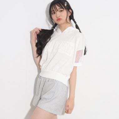 袖シアー短丈パーカ