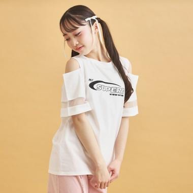 チュール切替肩あきTシャツ