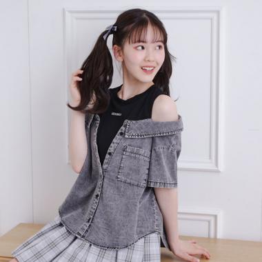 肩あきデニムドッキングシャツ
