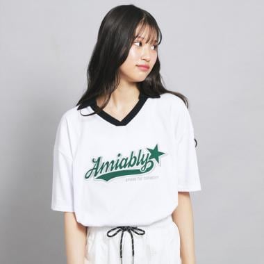 【接触冷感】Vネック衿付きアップリケビッグTシャツ