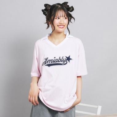 【接触冷感】Vネック衿付きアップリケビッグTシャツ