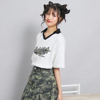 【接触冷感】Vネック衿付きアップリケビッグTシャツ