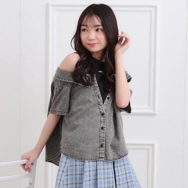 肩あきデニムドッキングシャツ