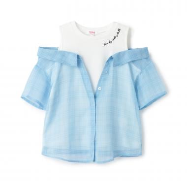 肩あきシアーチェックドッキングシャツ