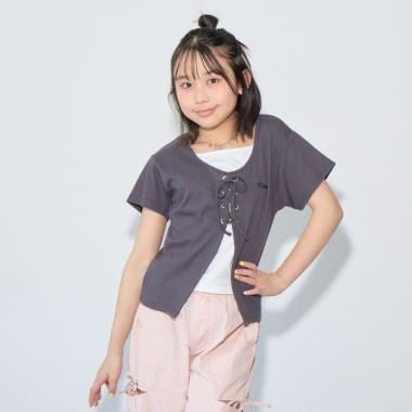 テレコレースアップ半袖トップス