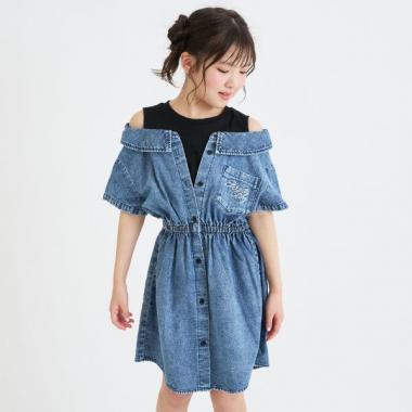 肩あきドッキンクシャツワンピース