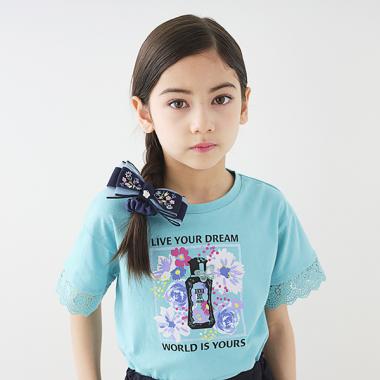 フラワースクエアプリント半袖ビッグTシャツ(110 白): キッズ