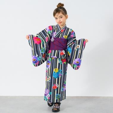 ストライプシグネチャーフラワー浴衣
