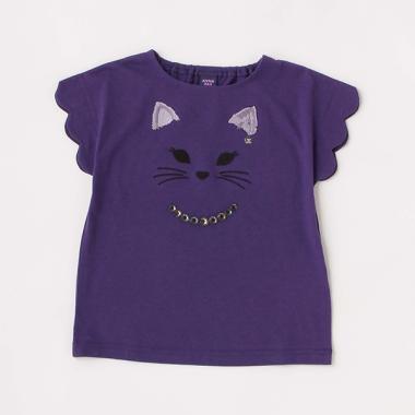 ネコ顔刺しゅうスカラ袖Tシャツ(110cm パープル): キッズ