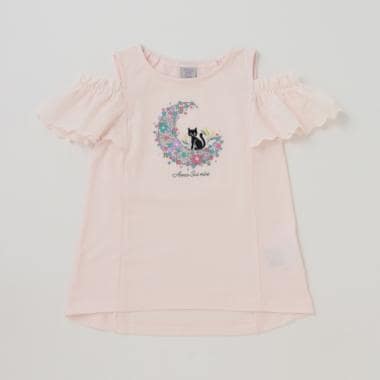 ★月猫刺しゅう 肩開き 半袖Tシャツ