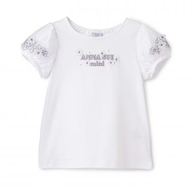 ☆彡袖チュール花ロゴ半袖Tシャツ