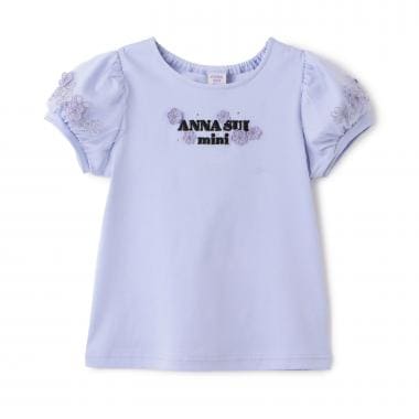 ☆彡袖チュール花ロゴ半袖Tシャツ