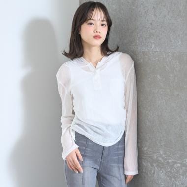 【LTXC】インナーつきシアーヘンリーフードニットカットソー