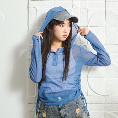 【LTXC】インナーつきシアーヘンリーフードニットカットソー