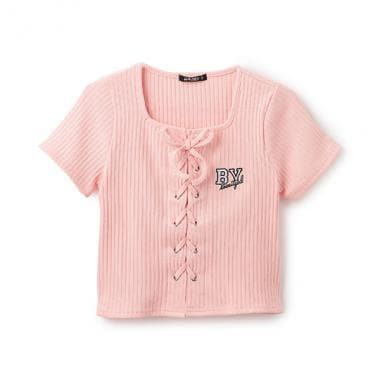 【ニコ☆プチ掲載】【大好評につき再入荷】レースアップ半袖プルオーバー