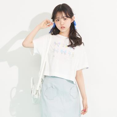 リボン箔プリント短丈半袖Tシャツ(S(140) オフ ホワイト