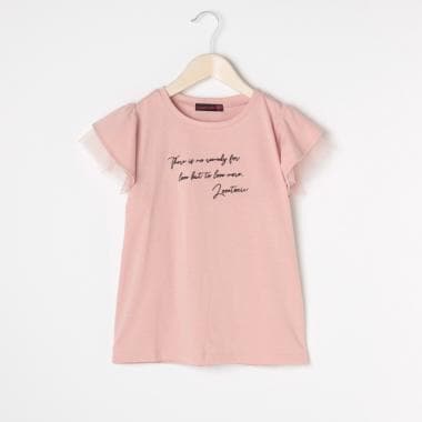 ロゴ刺しゅう袖チュールフリルTシャツ