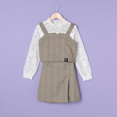 ラブトキシック　ベージュ ブレザーとチェック柄スカート セット チェック柄スカート+シャツ+ネクタイ+ホワイトブレザー4点セット