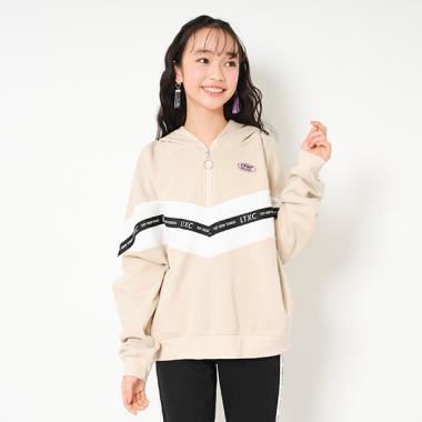 裏毛 配色切り替えロゴテープパーカー(S(140) ベージュ): ジュニア