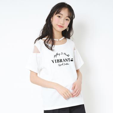 ハートチョーカー風肩チュールTシャツ(S(140) オフ ホワイト