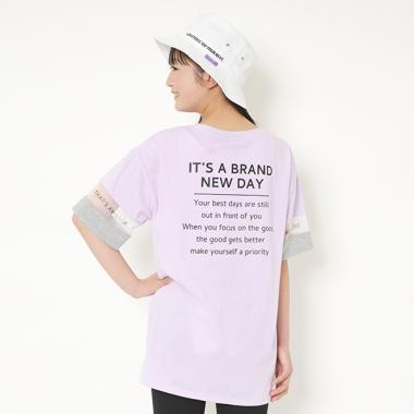 BIGシルエット袖バイカラーチュール切り替えロゴTシャツ(S(140