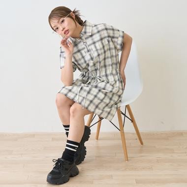 チェックフレンチスリーブシャツワンピ