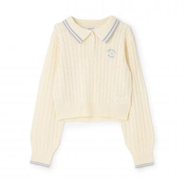 【洗える】ケーブル長袖ポロニット