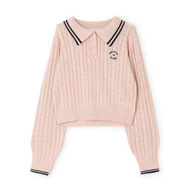 【洗える】ケーブル長袖ポロニット