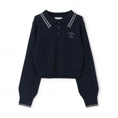 【洗える】ケーブル長袖ポロニット