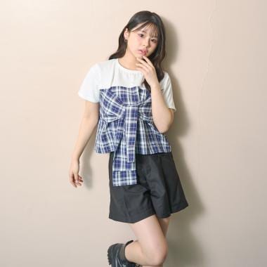 サマ見えベアスリーブチェックドッキング半袖T