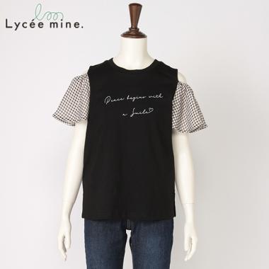 袖ギンガム肩開きロゴTシャツ