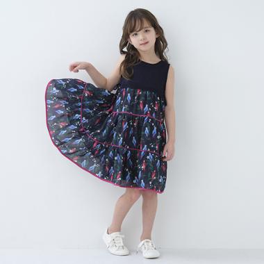 エプロンドッキングワンピース　フローラプティ トドラー トロピカルフローラドッキングワンピース(110cm 紺