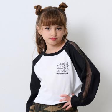 メッシュ肩ラインショート丈長袖Tシャツ
