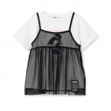 ガールイラスト半袖Tシャツ+メッシュキャミソールセット