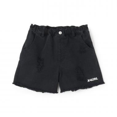 豹柄レイヤート ﾞクラッシュ加工デニムショートパンツ