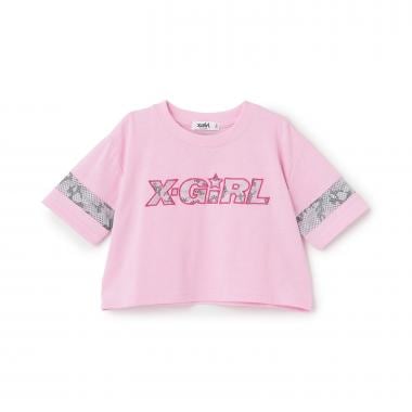 総柄メッシュプリント ショート丈半袖Tシャツ