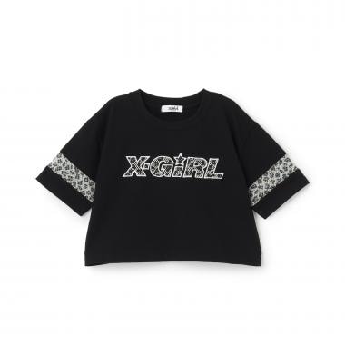 総柄メッシュプリント ショート丈半袖Tシャツ