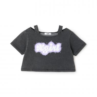 蓄光ロゴ 肩あきシャーリング半袖Tシャツ