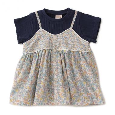 小花柄ドッキングテレコTシャツ