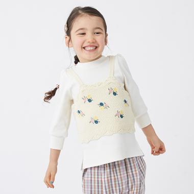 ウォッシャブル 花刺しゅうニットビスチェ×Tシャツセット(80cm