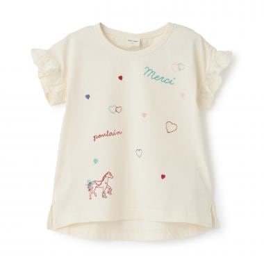 袖フリル刺しゅうTシャツ