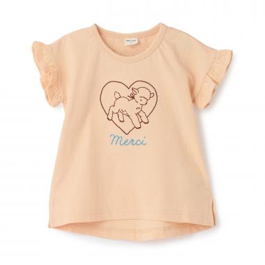 袖フリル刺しゅうTシャツ