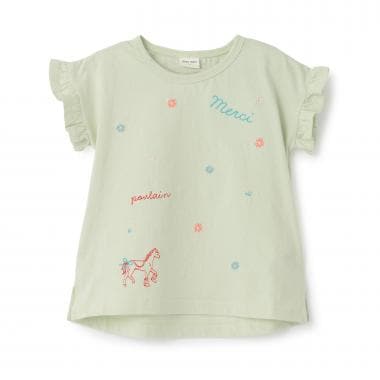 袖フリル刺しゅうTシャツ