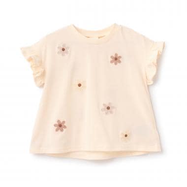 【接触冷感】袖フリル刺しゅう半袖Tシャツ