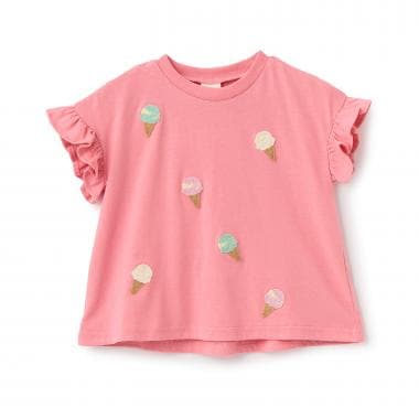 【接触冷感】袖フリル刺しゅう半袖Tシャツ