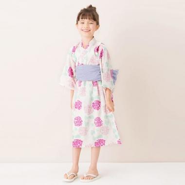 Narumiya Online ナルミヤ オンラインの公式通販サイトあじさい柄浴衣 帯セット 90 オフ ホワイト キッズ